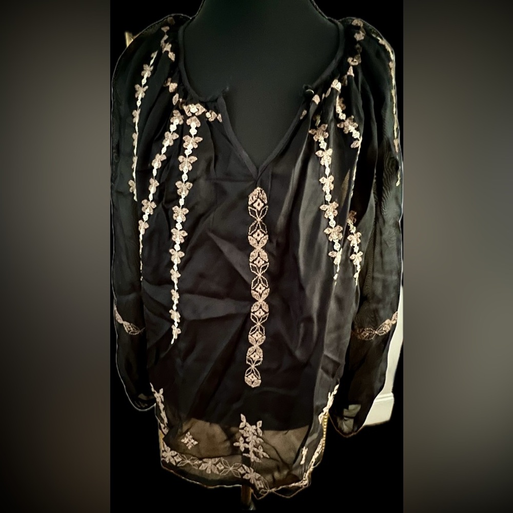 Lucky Brand Black Top with Brown Embroidery